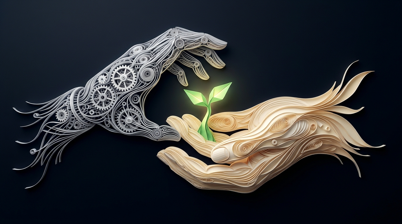 Compassionate Cybernetic Papercraft Hand & Human Hand Nurturing Luminous Sprout in Frameless Filigree
